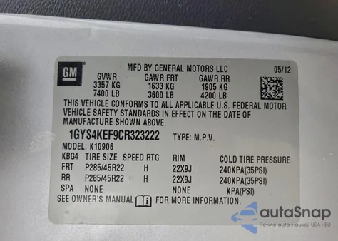 2012 Cadillac Escalade Esv Platinum из США, поврежденный, VIN 1GYS4KEF9CR323222